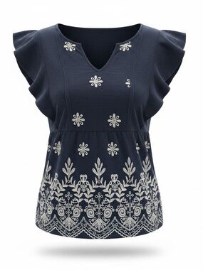 BloomChic Navy Blue Embroidered Flutter Sleeve Tunic